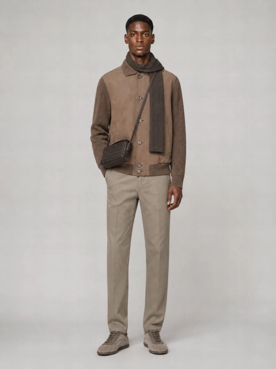 Brioni Leather Suede-Panel Ribbed-Knit Hybrid Jacket