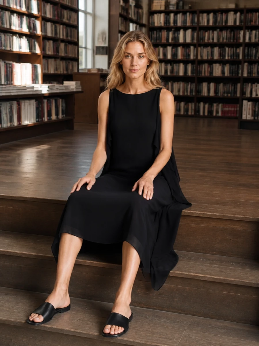 The row black midi dress flat slides alaia bag