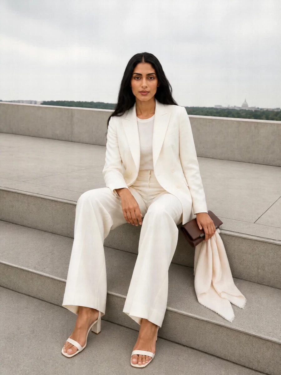 An ivory Max Mara tux-inspired blazer paired with fluid high-waisted wide-leg trousers creates a long, clean line that feels composed yet light for warm evenings. The matching ankle-strap sandals keep the palette serene, while the chocolate clutch and featherweight stole introduce just enough depth and texture to ground the monochrome tailoring. Ideal for gallery openings, terrace dinners, or any occasion where you want quiet precision rather than overt drama.