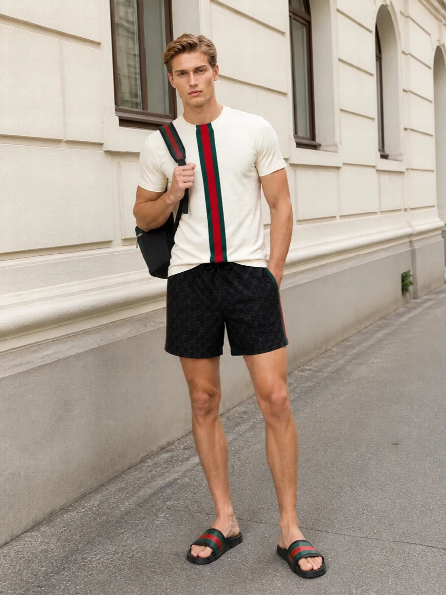 Gucci web slide striped tee swim shorts outfit