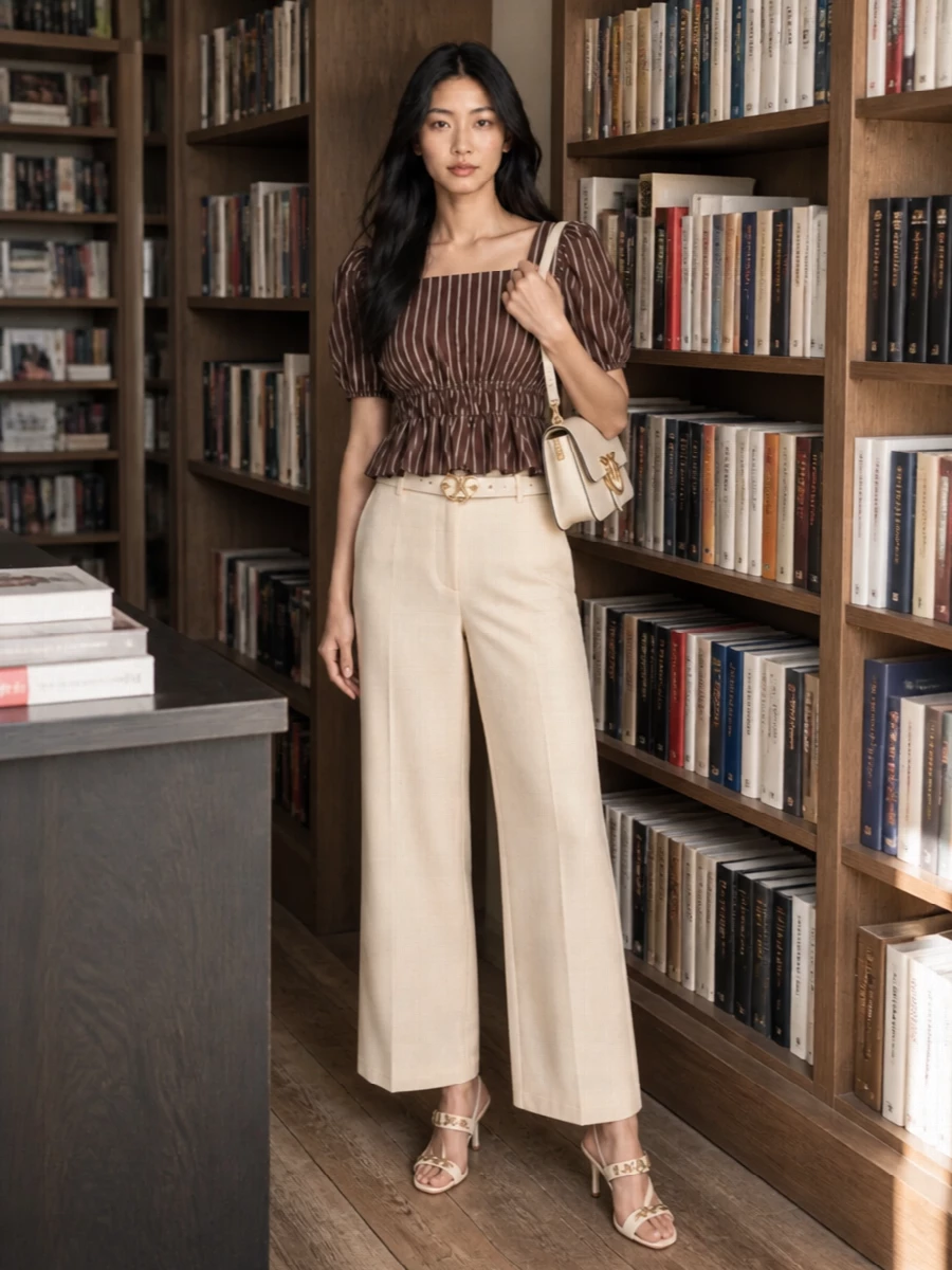 Chocolate stripes meet buttercream tailoring for a romantic, preppy take on daytime polish. The high-waist wide leg echoes the blouse’s cinched waist, letting the peplum sit neatly over a long, fluid line. Cream accessories and soft gold hardware keep everything light and spring-ready while still feeling put together for lunch dates or relaxed office days.