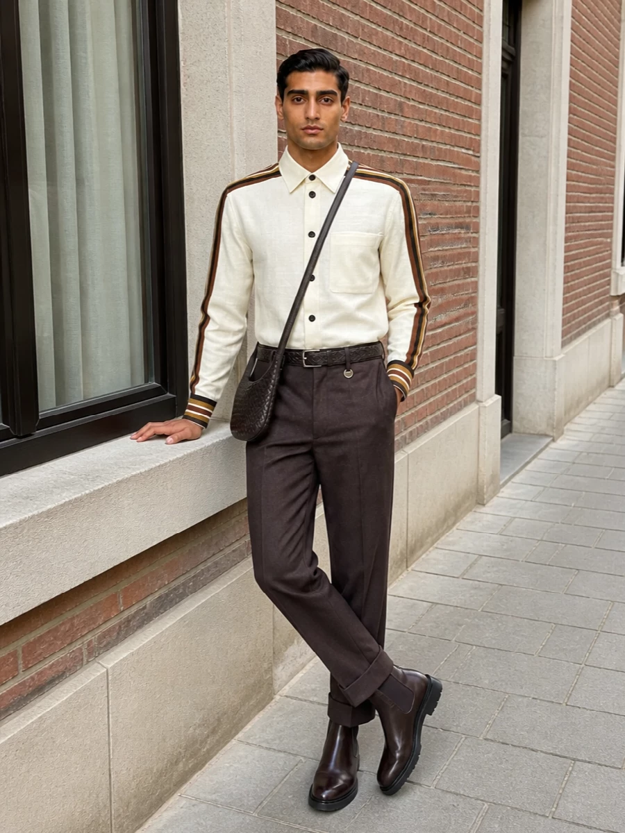 Bottega veneta cream shirt brown trousers outfit