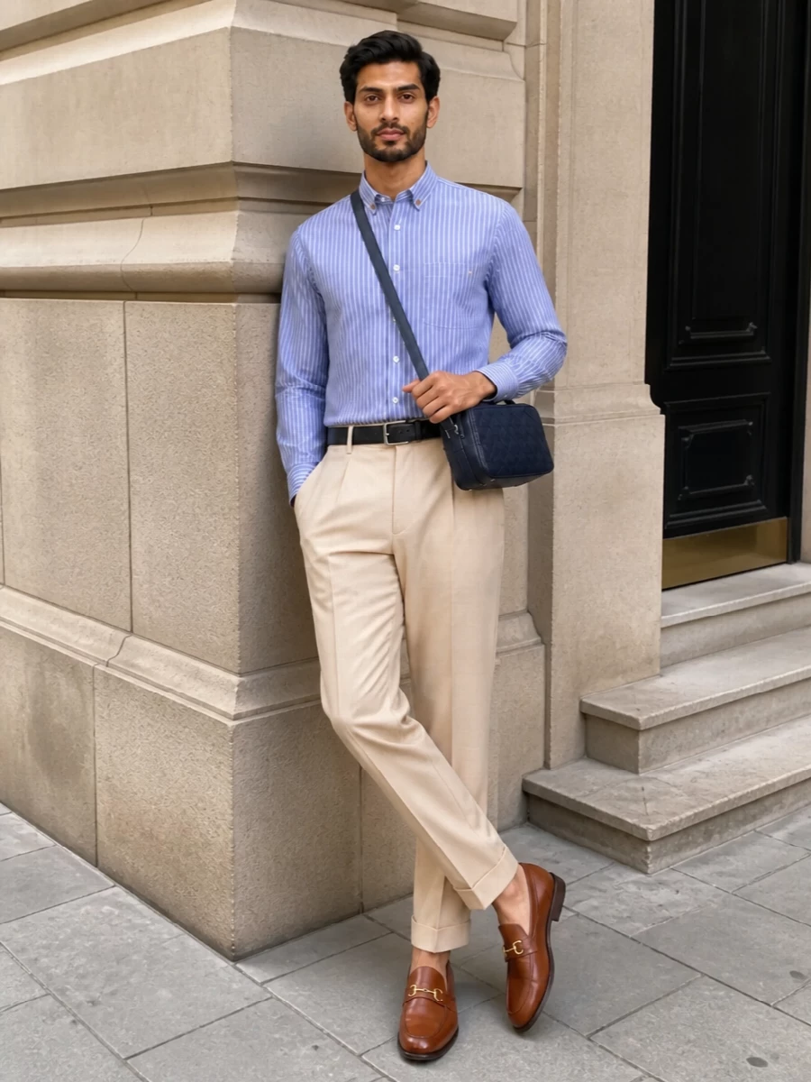Mens striped shirt pleated trousers outfit