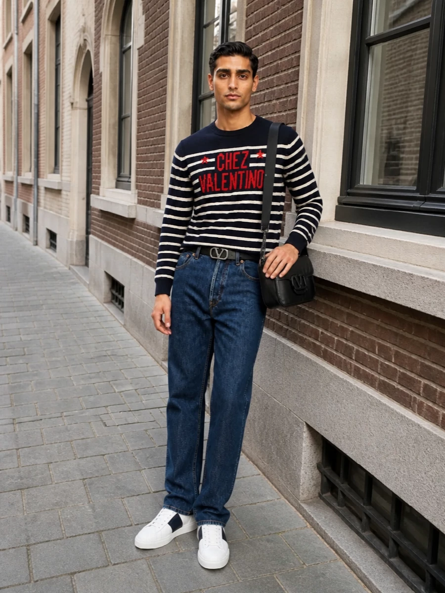 Valentino striped sweater dark jeans sneakers