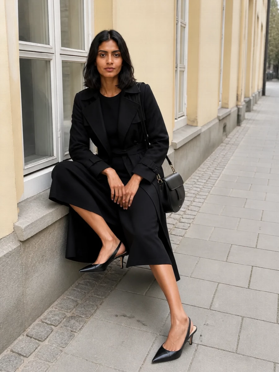 I am building this around the trench plus dress route, as the long black coat over a slim black sheath creates a continuous, quietly dramatic column perfect for evening or smart city events. The pointed slingback keeps the proportions light and precise, while the structured black shoulder bag adds just enough architectural interest and metal to read intentional rather than severe. The result is a monochrome tailored ensemble that feels considered, modern and fully aligned with quiet luxury codes.