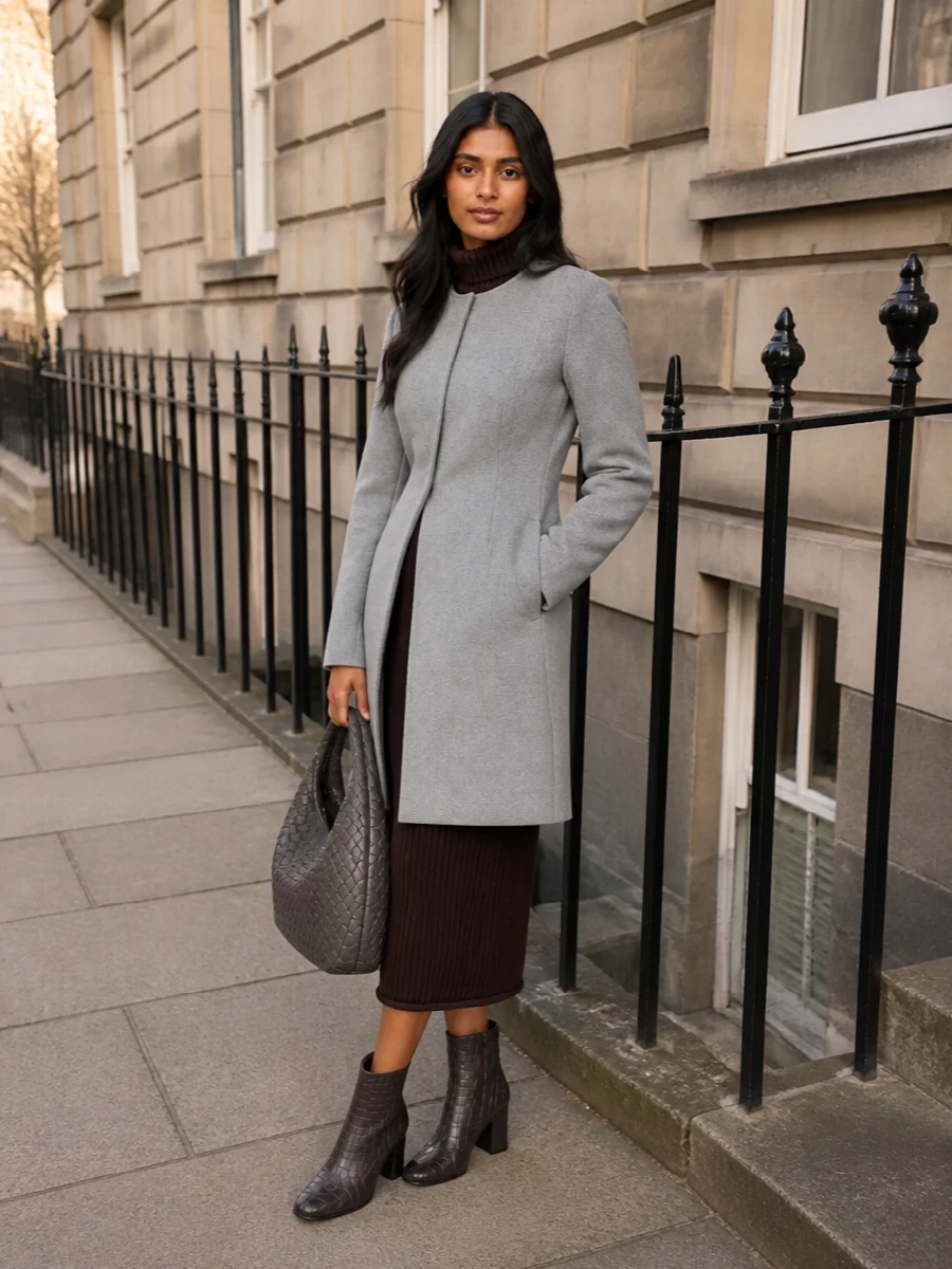 Bottega veneta grey coat brown knit dress outfit