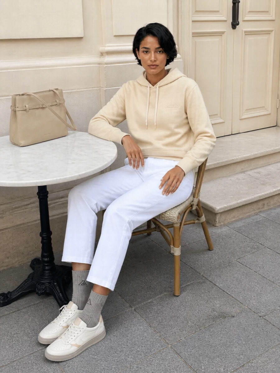 Autry white lounge pants buttercream hoodie outfit