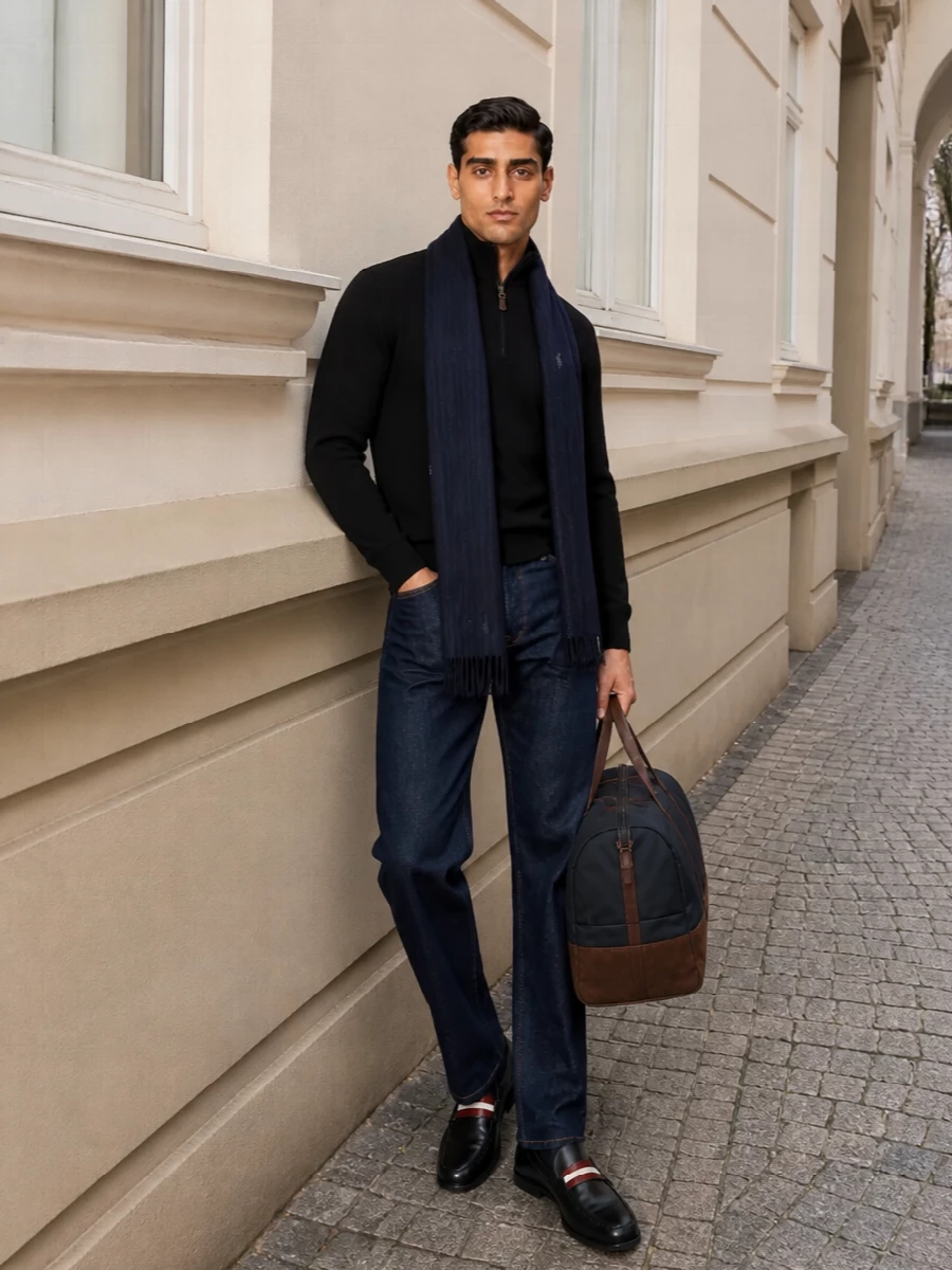 Ralph lauren half zip dark jeans bally loafers