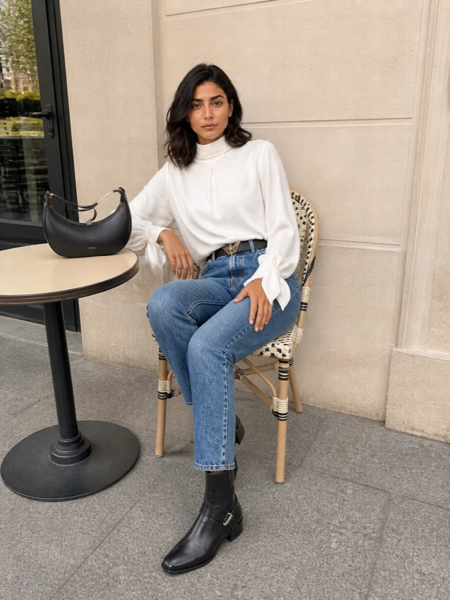 Emporio armani jeans white blouse black boots