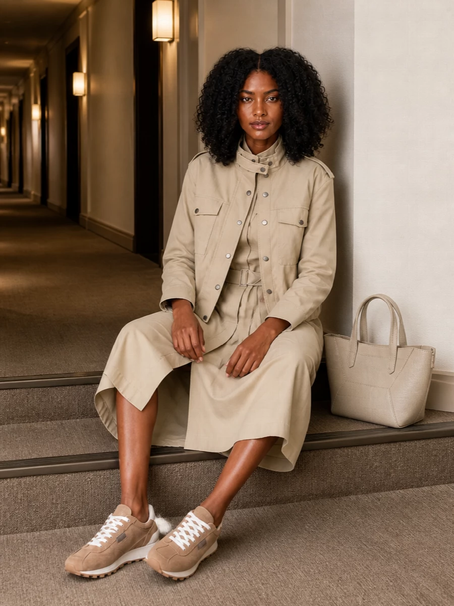 I chose the dress route so the blouson can act like a modern utility topper over a single, uninterrupted column of sand. The shirt dress and sneakers keep the mood quietly practical, while the structured light tote sharpens the palette just enough for city days and discreet travel. Together they read as a cohesive Brunello Cucinelli uniform in sun-washed neutrals with subtle military references rather than a traditional tailored suit.