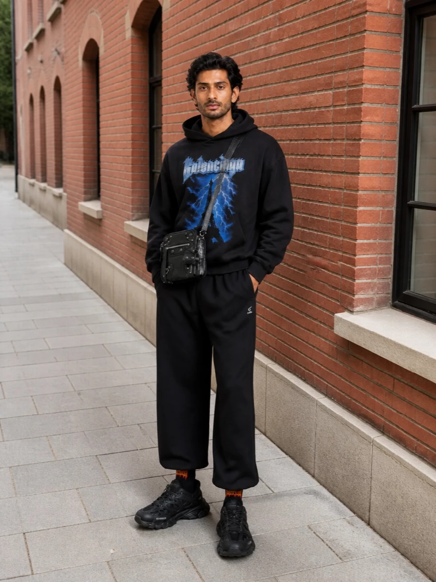 Balenciaga graphic hoodie black track pants outfit