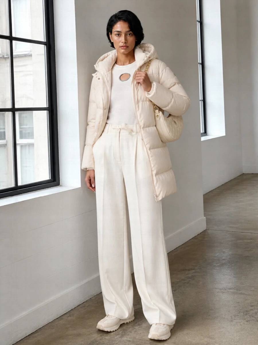 Moncler cream puffer ivory wide leg trousers outfit