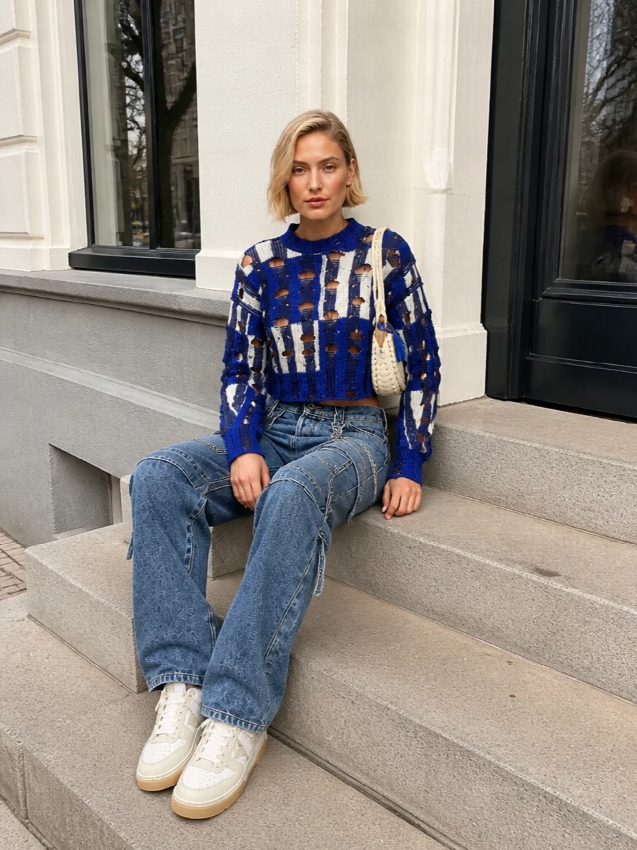 Off white cargo jeans cobalt sweater sneakers