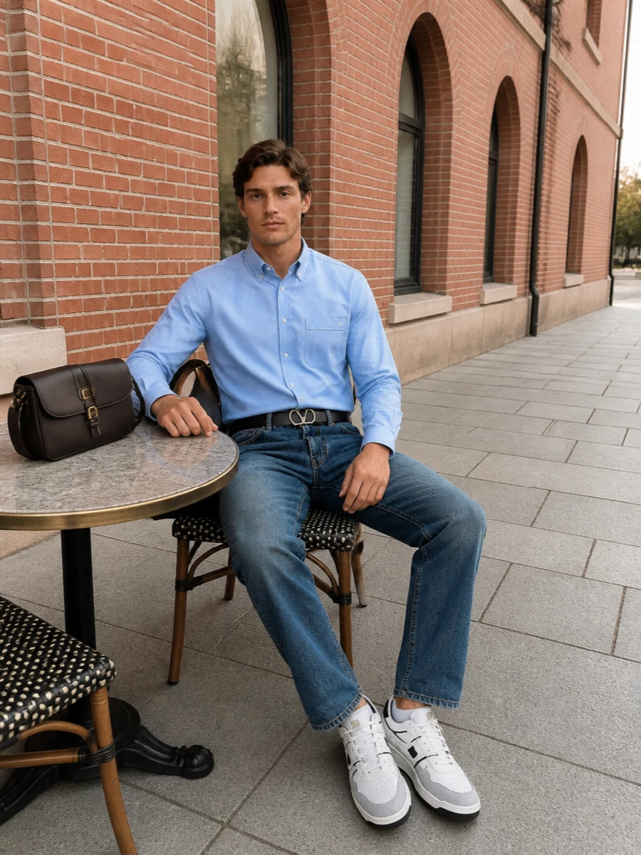 Valentino denim jeans light blue shirt outfit