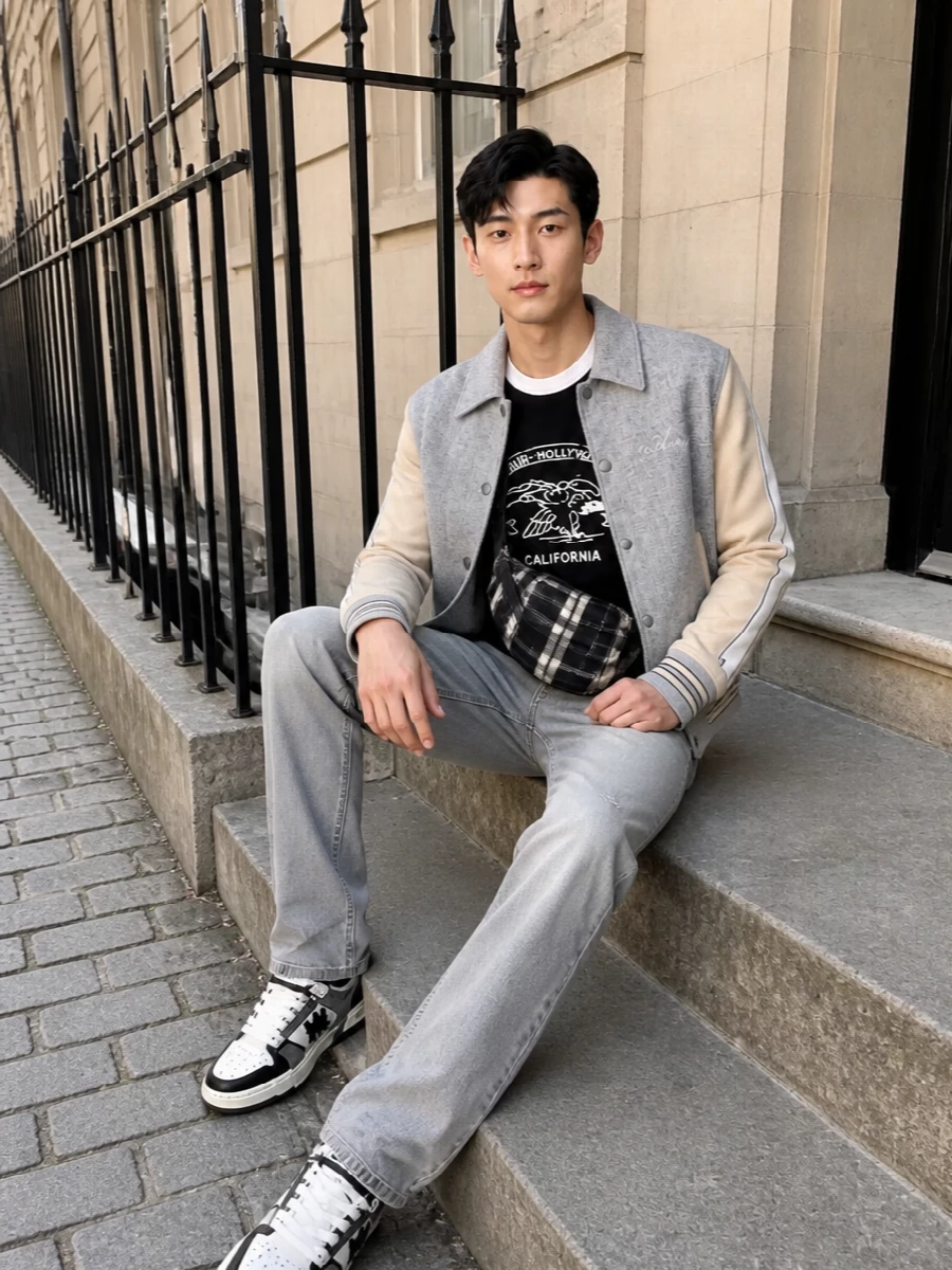 Amiri varsity bomber grey jeans sneakers