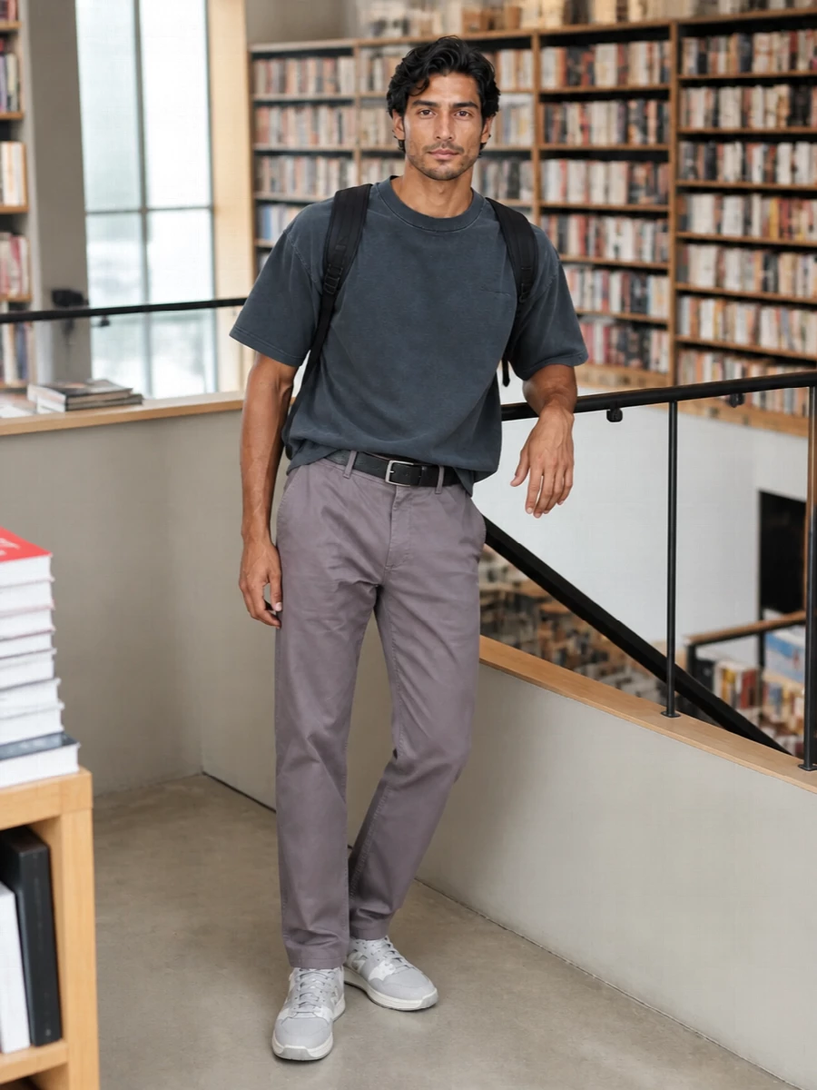Tonal greys keep this Carhartt WIP setup tight, from the washed boxy tee down to the straight-leg work pant. The hi-top sneakers add a soft sport note, while the black belt gives just enough definition at the waist. It is an easy, low-contrast uniform for city days that still feels considered in its lines and textures.