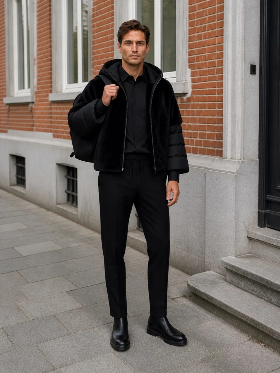 Herno mens black cape jacket chelsea boots outfit