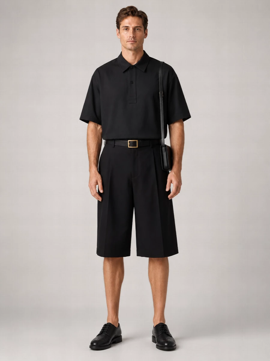 A cropped black Studio Nicholson shirt meets matching wide culottes for a precise, monochrome take on summer volume. The black derbies sharpen the ease of the silhouette, while a slim shoulder bag and clean belt keep the whole composition disciplined and quietly confident. It is an understated uniform that reads thoughtful and modern without ever feeling effortful.