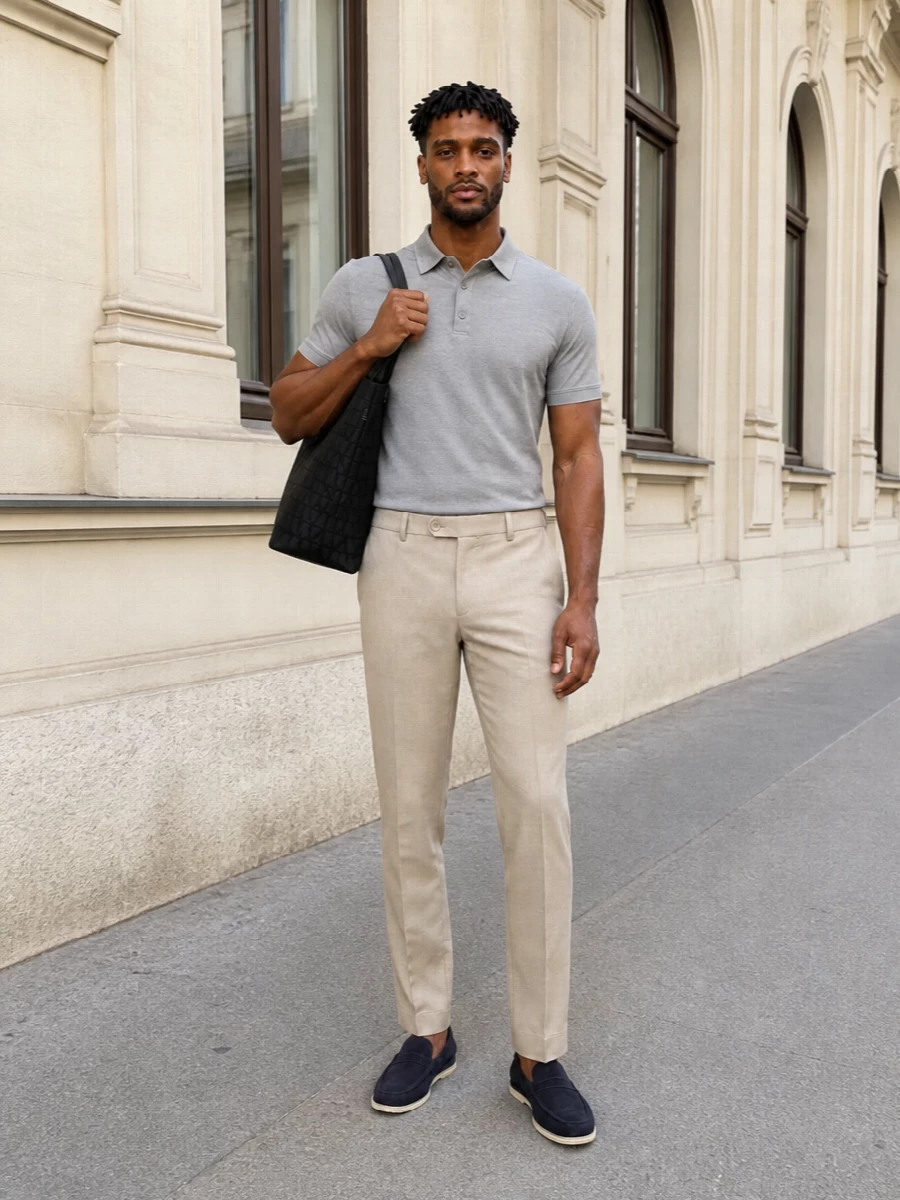 A light grey knit polo and tailored beige trousers frame the navy suede loafers in a clean, coastal-inspired palette. The mix of soft neutrals and deep navy feels modern and quietly polished for warm days. The Valentino tote adds a structured, city-ready note that still respects the understated mood.