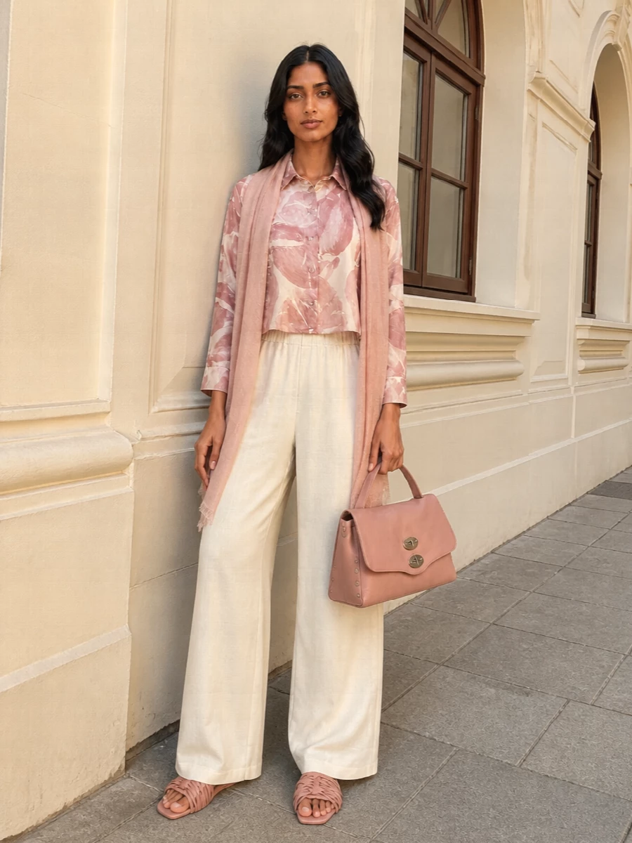 Alysi blush cropped shirt ivory wide leg trousers