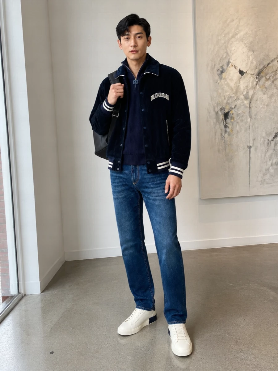 Dolce gabbana varsity bomber jeans sneakers outfit