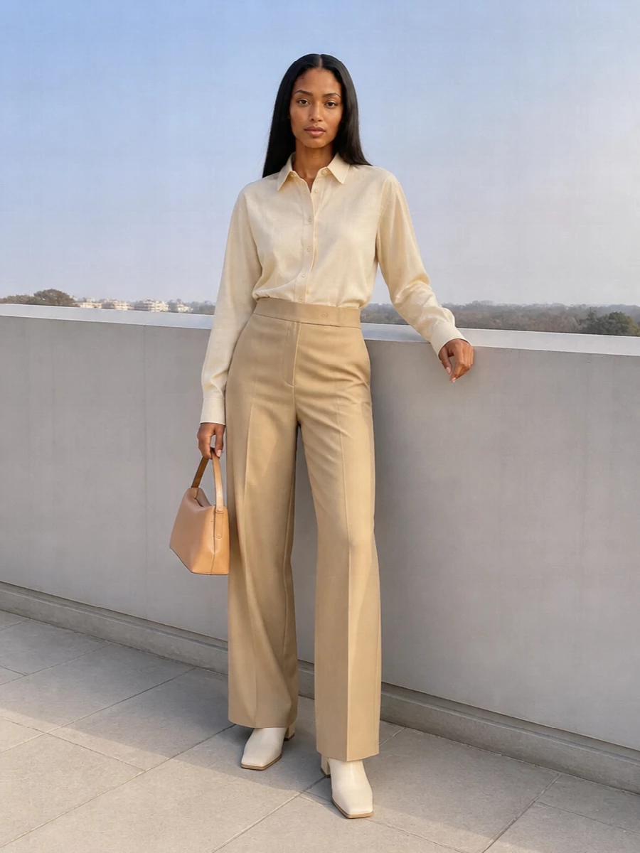 Camel tailoring and a buttercream neutral top create a soft, precise column that feels boardroom-ready yet relaxed. Sculptural cream mules and a streamlined nude top-handle keep the tonal story cohesive, letting proportion and cut do the talking. The result is a calm, high-rise wide-leg silhouette that reads confident without a single hard edge.