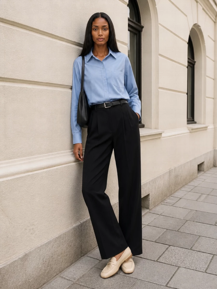 Frankie shop blue shirt black tailored trousers