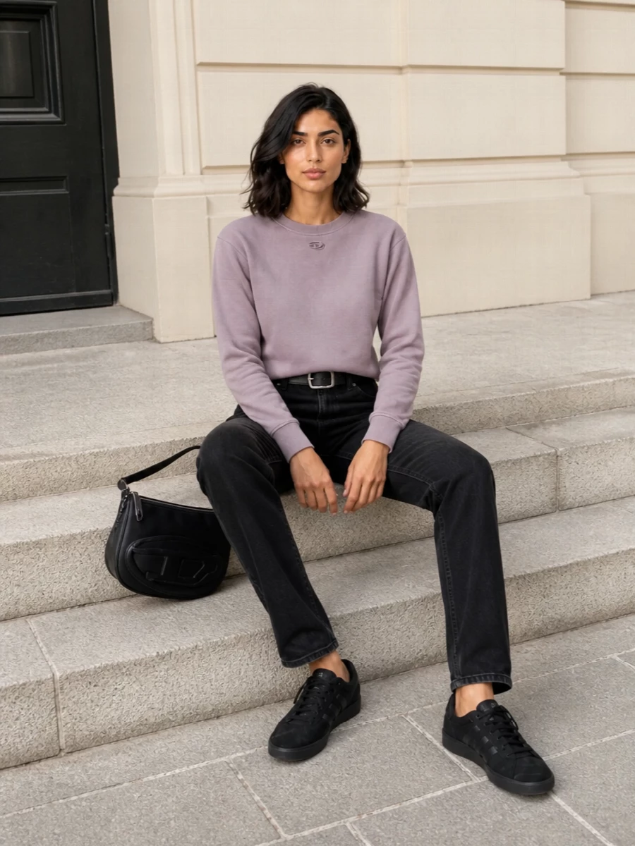 Diesel mauve sweatshirt black jeans sneakers