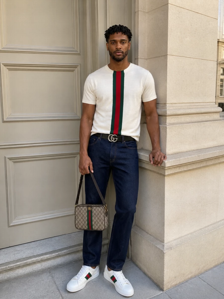 Gucci striped tee dark denim web sneakers