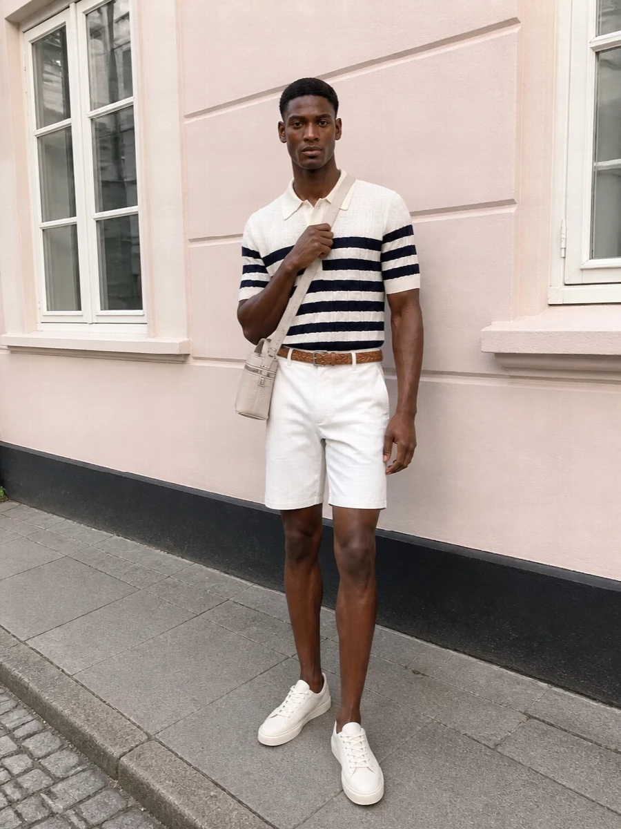 Balmain striped polo white chino shorts outfit