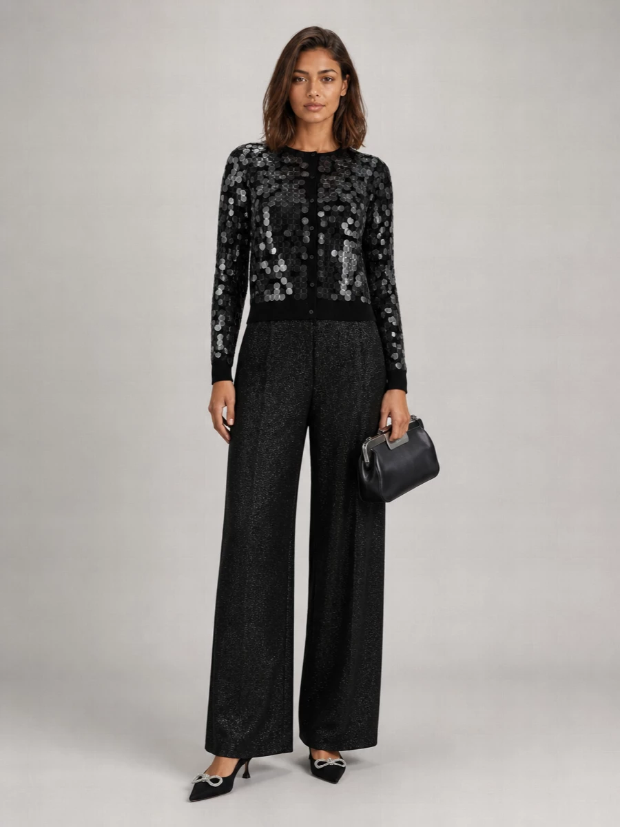 S Max Mara Wool Sequin Knit Crew Neck Long-Sleeve Cardigan