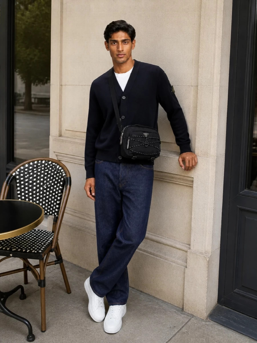 Deep navy knit against dark indigo denim creates a clean, tonal base that feels sharp without trying too hard. Crisp white luxury sneakers break the darkness just enough, reading more architectural than sporty. The navy technical crossbody finishes it with a precise, city-ready note that still sits comfortably in the streetwear universe of the cardigan.
