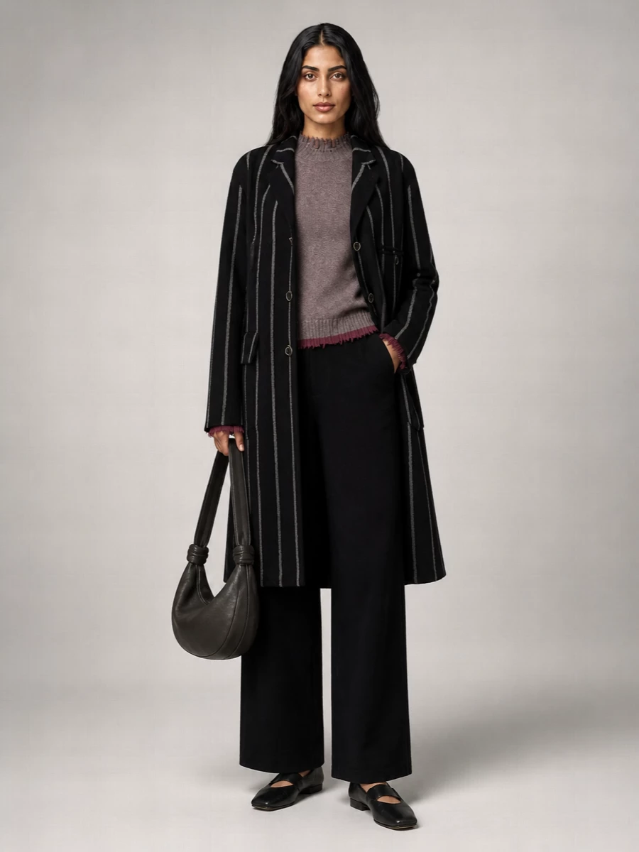 Uma Wang Striped Virgin Wool Single Breasted Coat