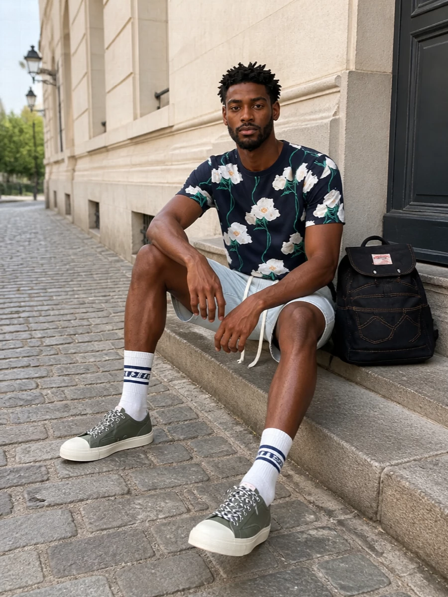 Kenzo floral tee ice blue shorts sneakers