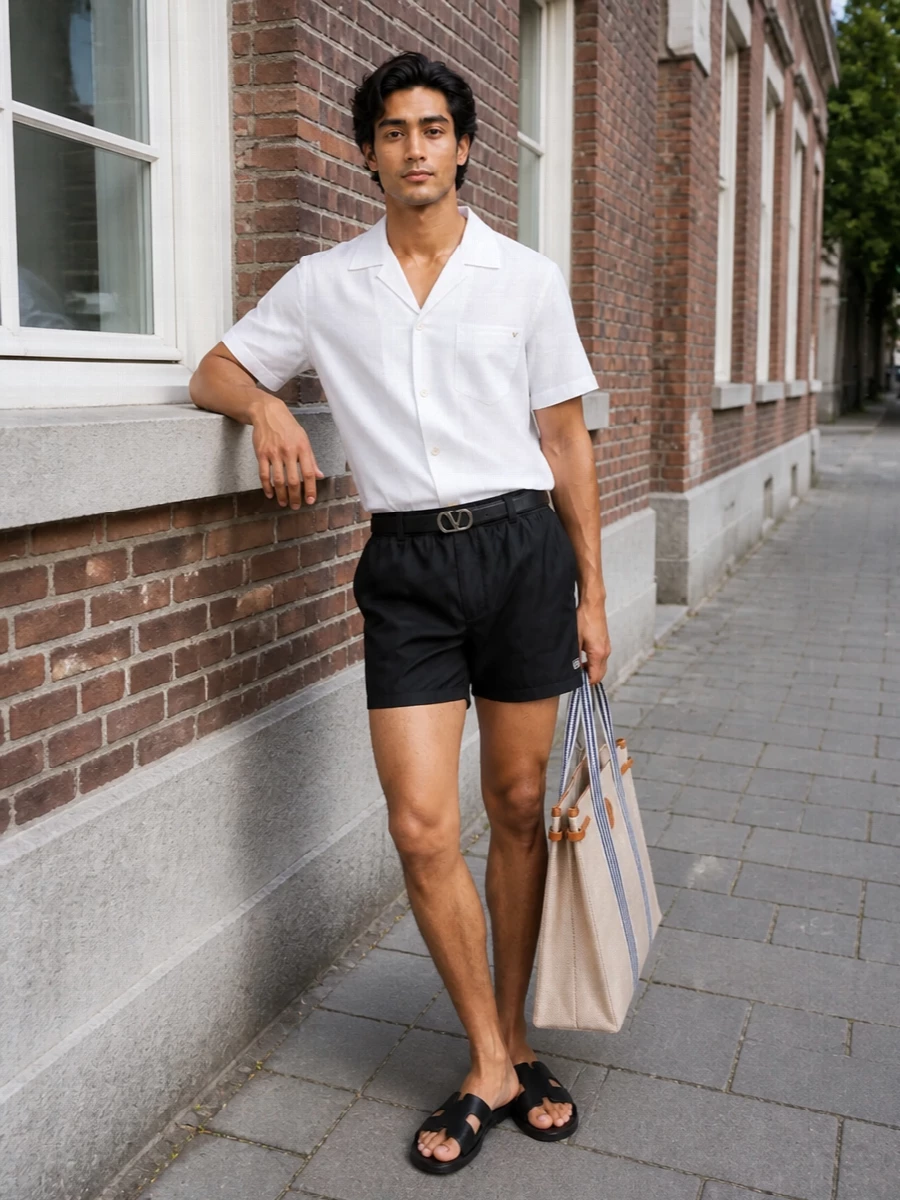 Valentino swim shorts white camp shirt slides