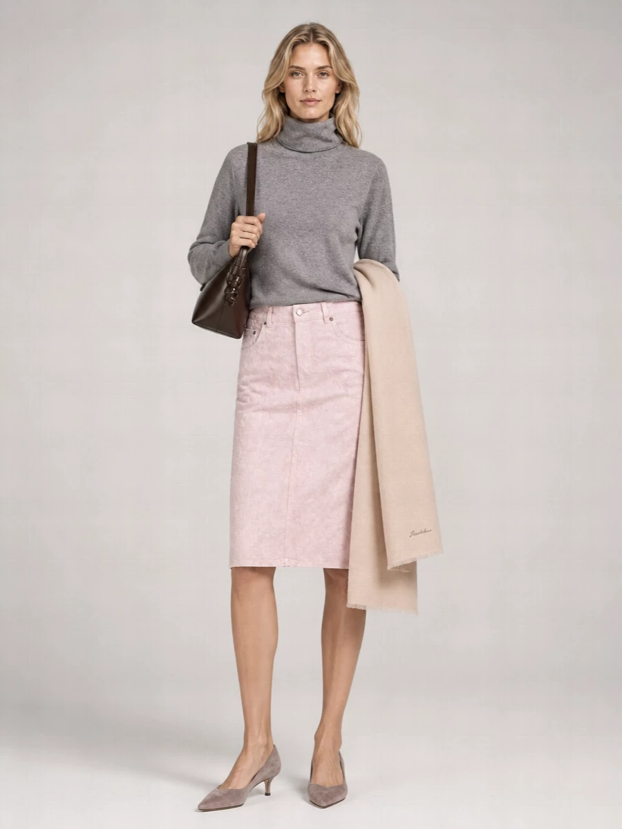 Haikure Denim Fur-Effect Midi High-Waisted Skirt