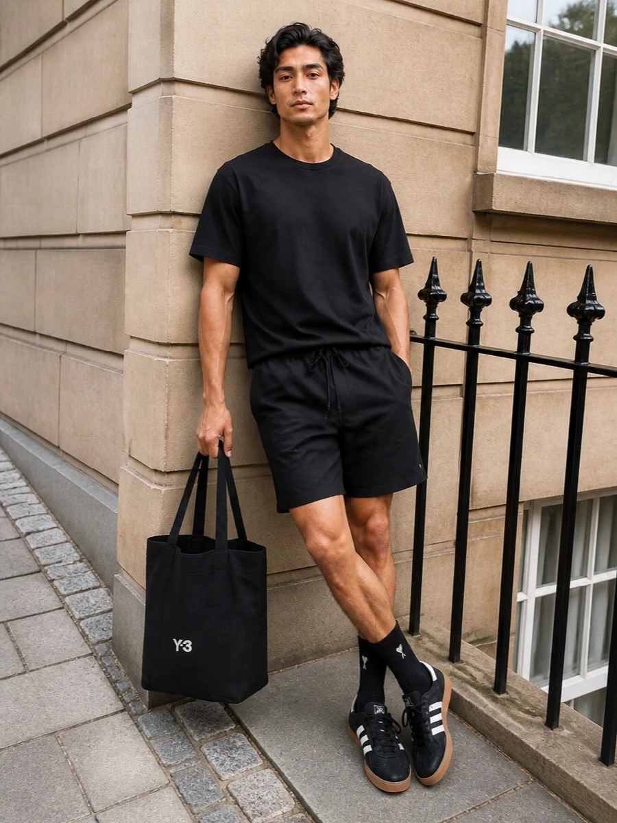 A monochrome, sport-focused pairing that lets the Adidas swim shorts read as relaxed city shorts, grounded by the clean Y-3 tee. Black suede terrace sneakers and tonal socks keep the line uninterrupted, while the Y-3 tote adds a subtle designer edge without disturbing the minimalist mood.