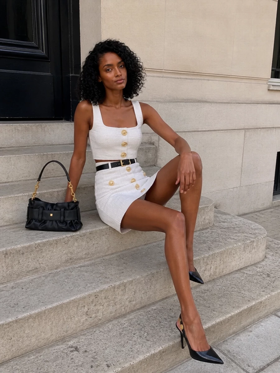 Balmain ivory tank white mini skirt outfit