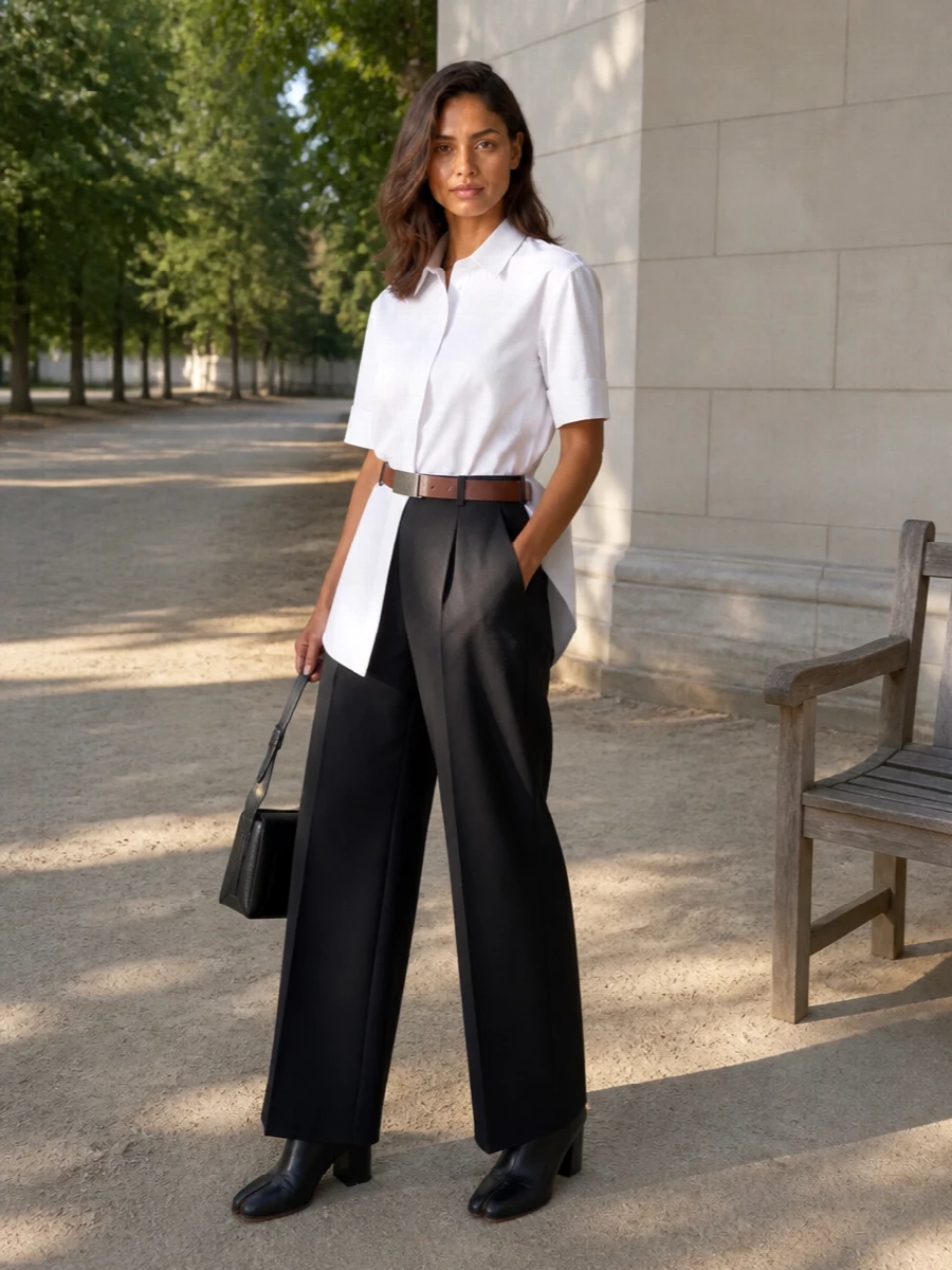 A long, crisp white shirt falls over ink-wide tailoring to create a clean, elongated line that feels precise rather than precious. The split-toe boots and structured black bag keep everything grounded in Margiela’s quiet, intellectual rigor, with the belt simply sharpening the waist. It is a calm, monochrome study in proportion that moves easily from working day to late dinner.