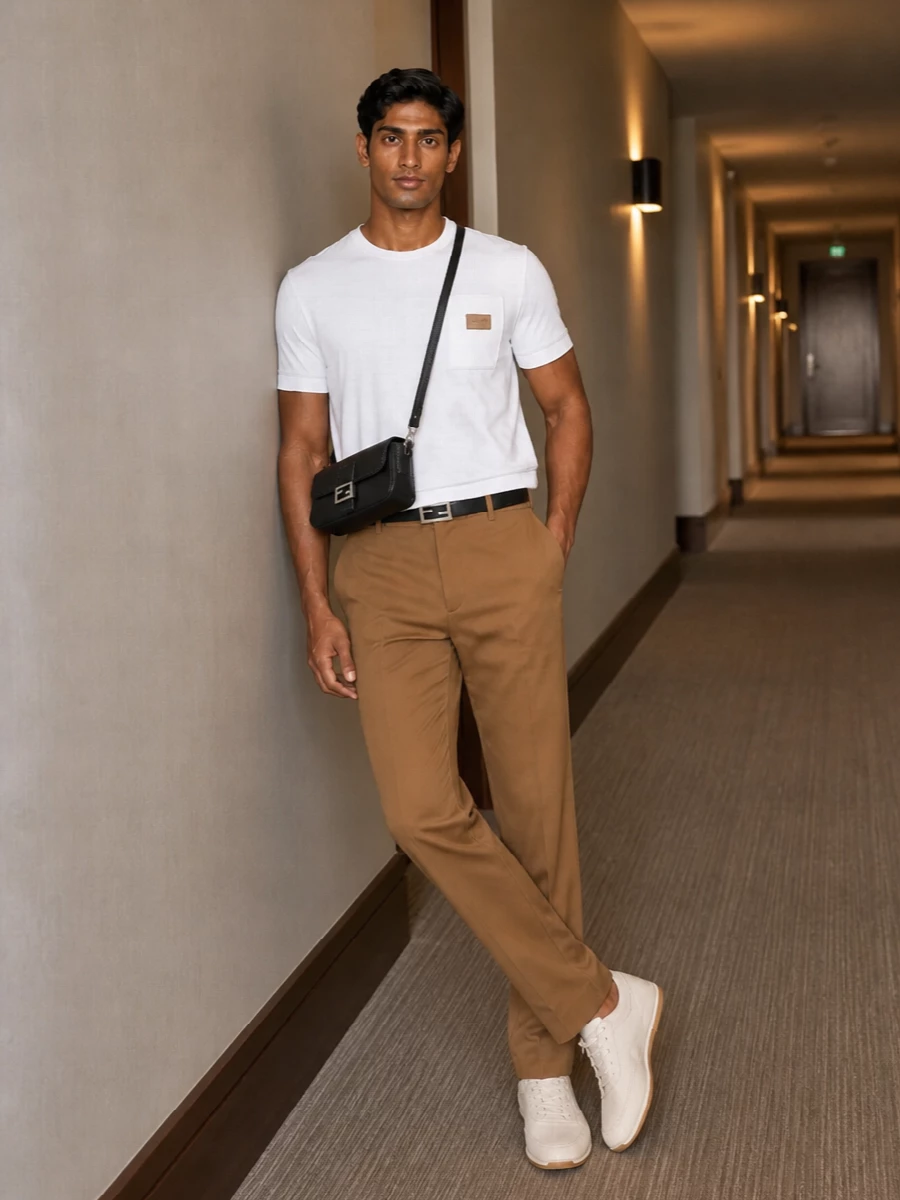 Fendi white tee camel trousers cream sneakers