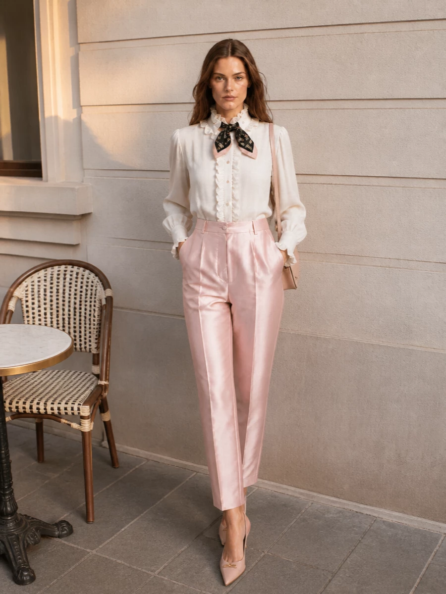 Blush satin tailoring meets soft ivory ruffles for a romantic, quietly polished evening ensemble. Tonal slingbacks and a structured blush shoulder bag keep the palette cohesive, letting the sheen and cut do the talking. A dark floral silk scarf adds just enough depth to keep the sweetness sophisticated rather than saccharine.