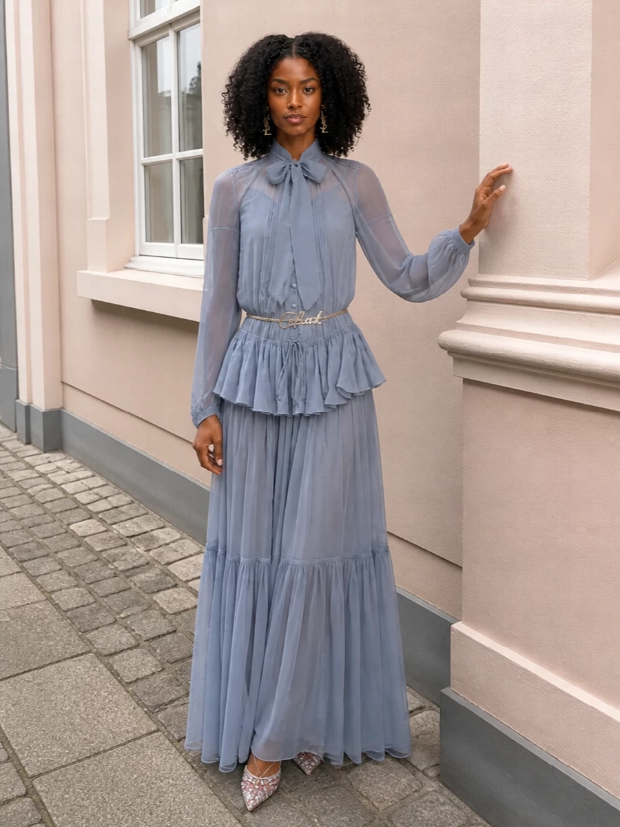 Chloe blue tiered maxi dress crystal heels