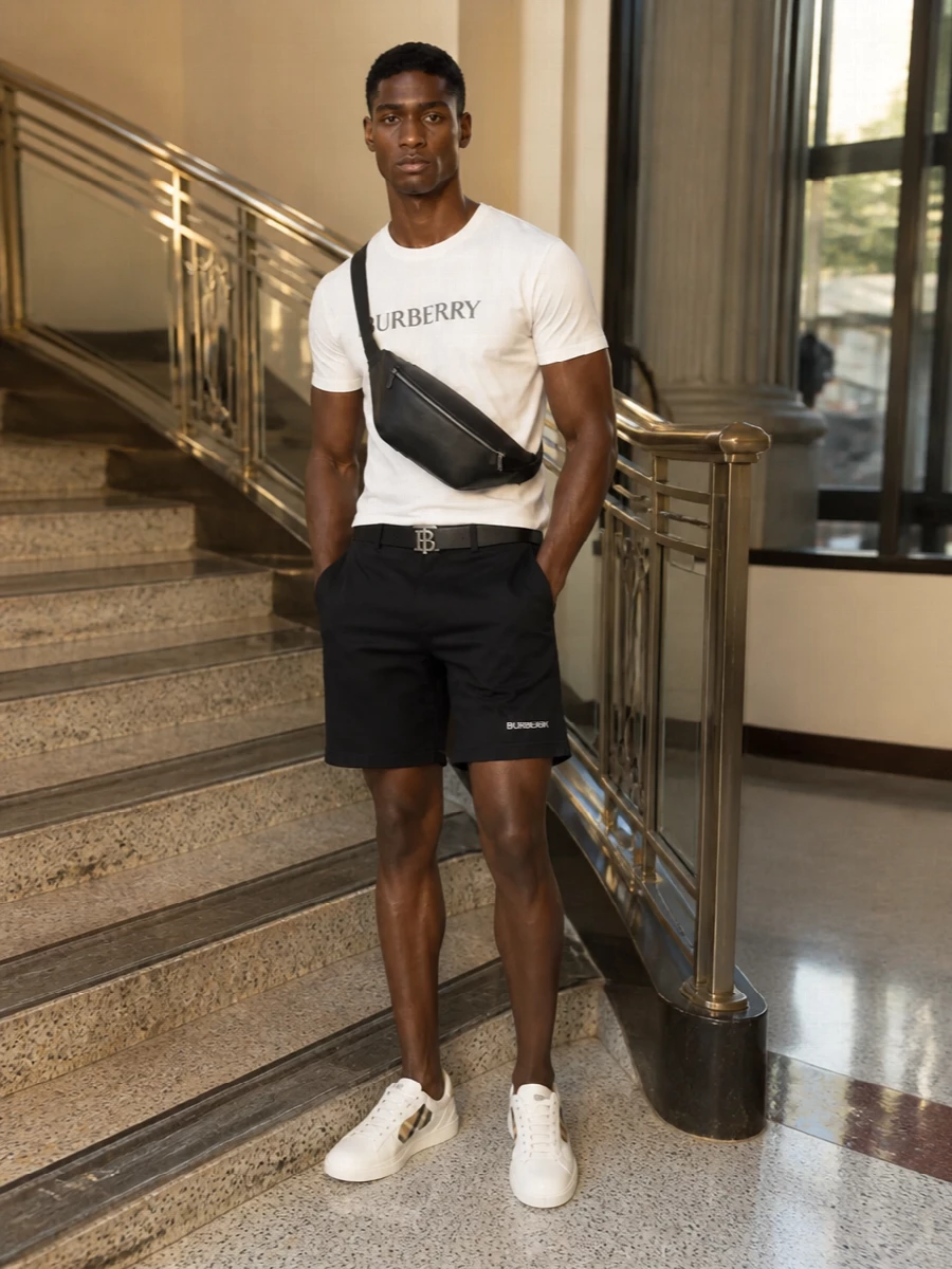 Burberry logo tee black shorts white sneakers