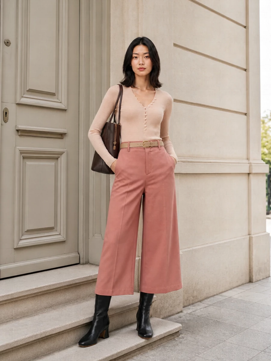 Chloe nude knit dusty rose wide leg trousers