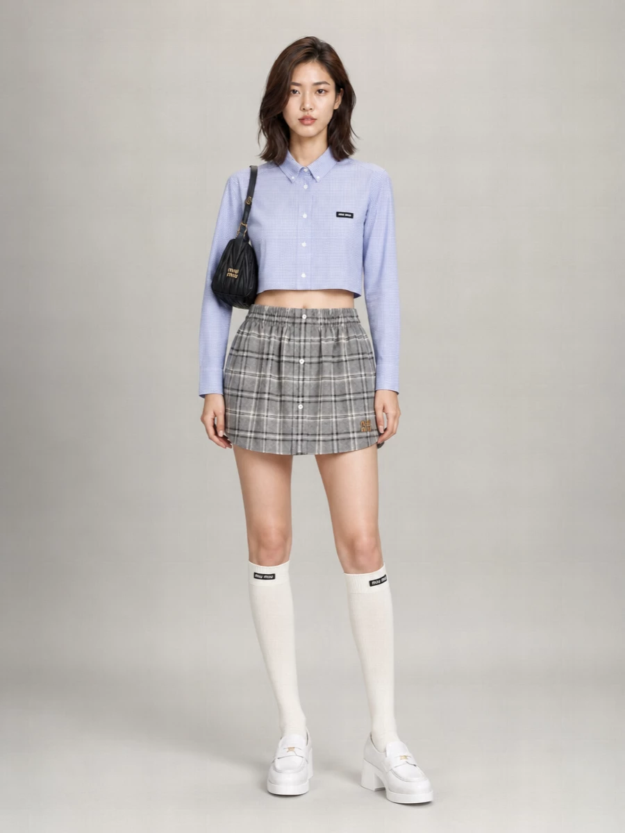 Miu Miu Checked Cotton Mini Skirt