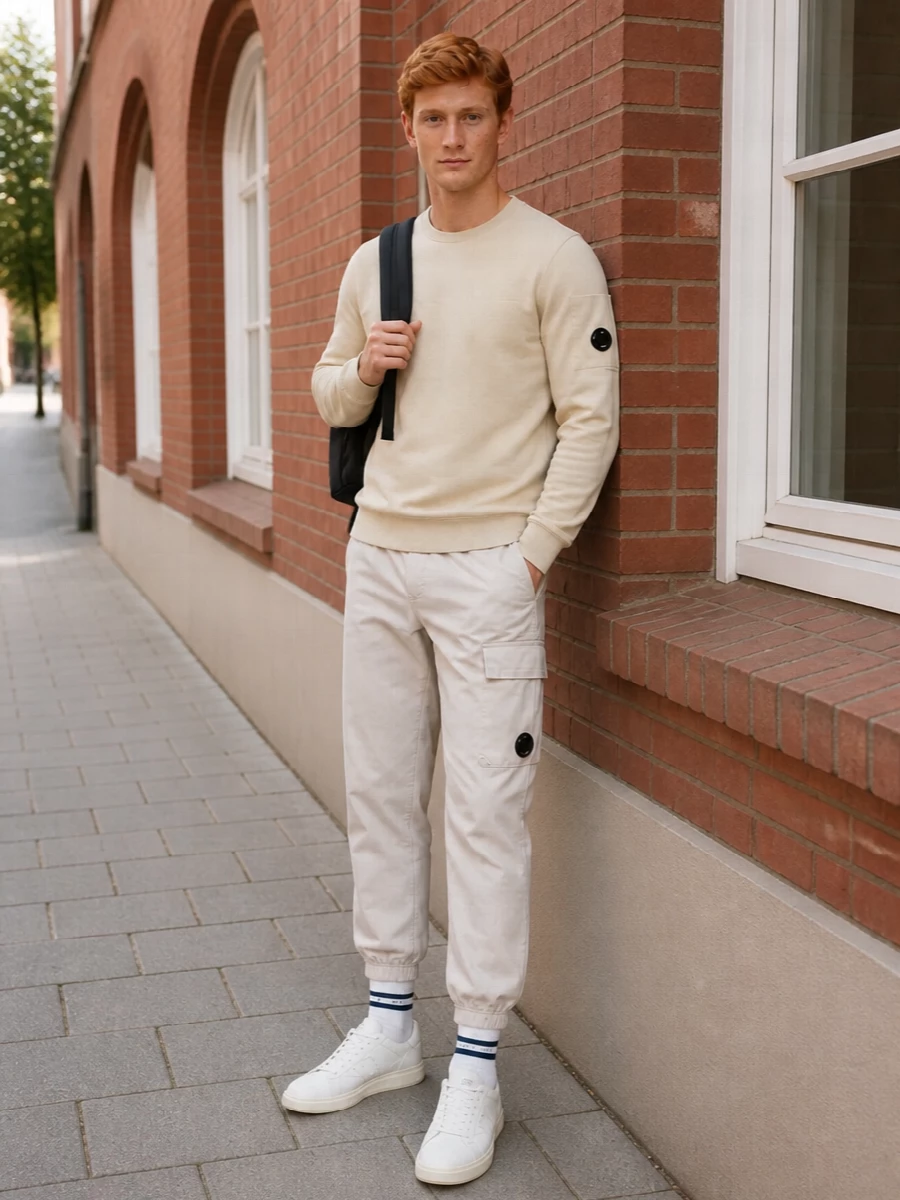 Cp company beige sweatshirt cargo pants outfit