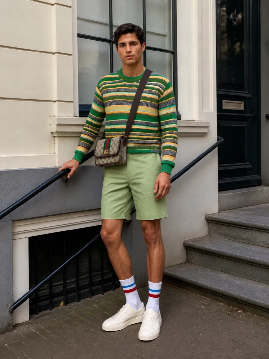 Paul smith striped sweater prada shorts outfit