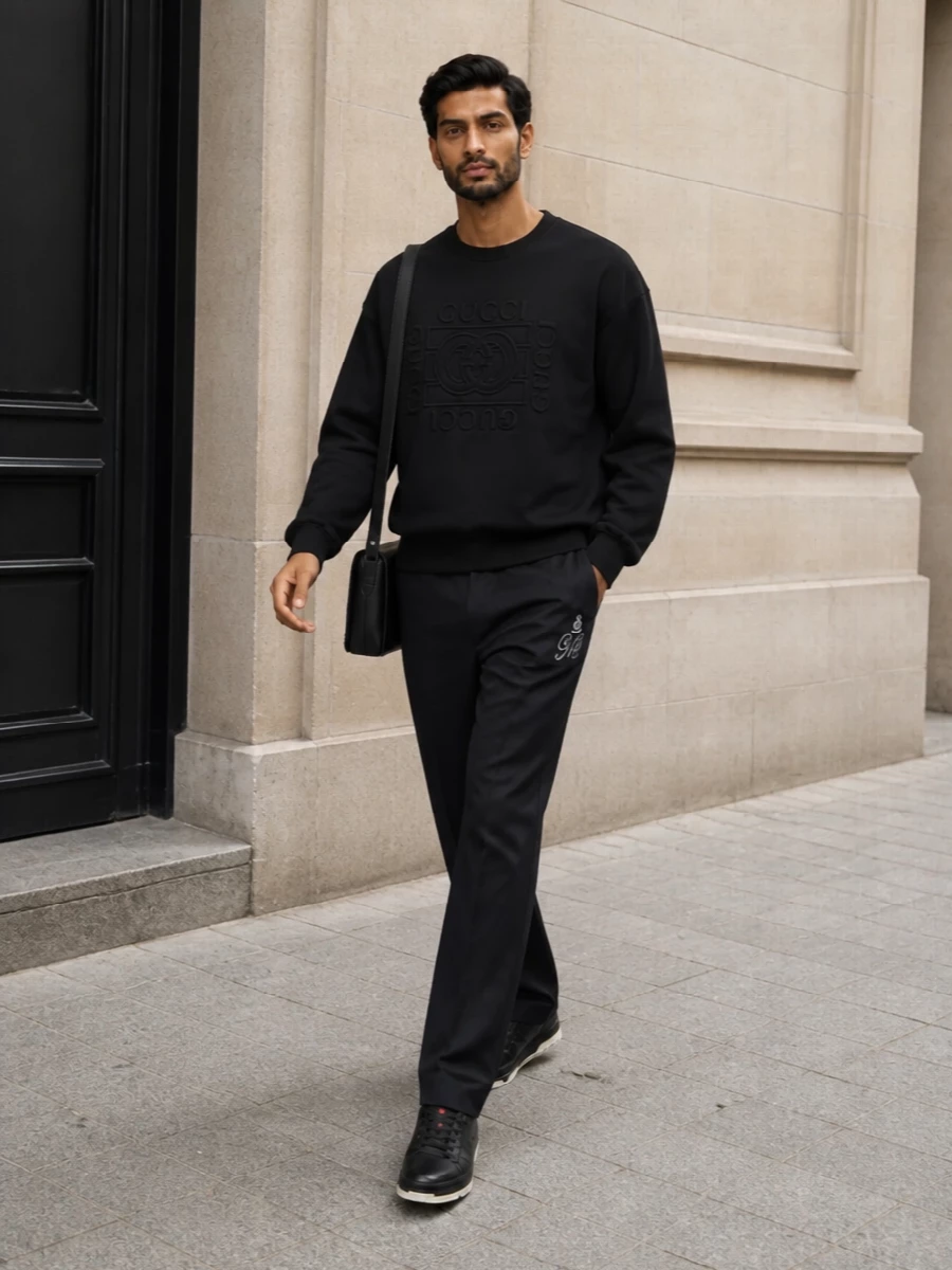 Gucci court sneakers black sweatshirt navy trousers