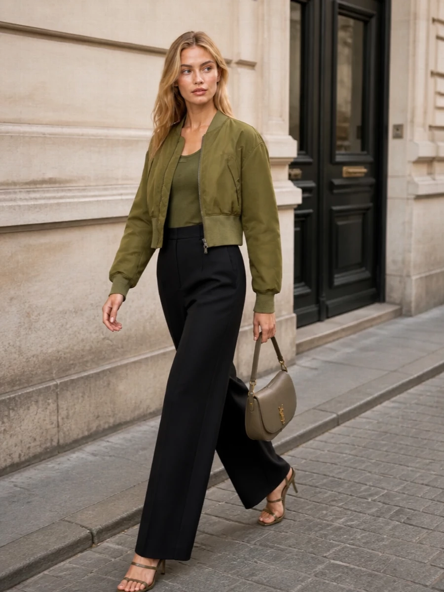 Saint laurent bomber wide leg trousers outfit