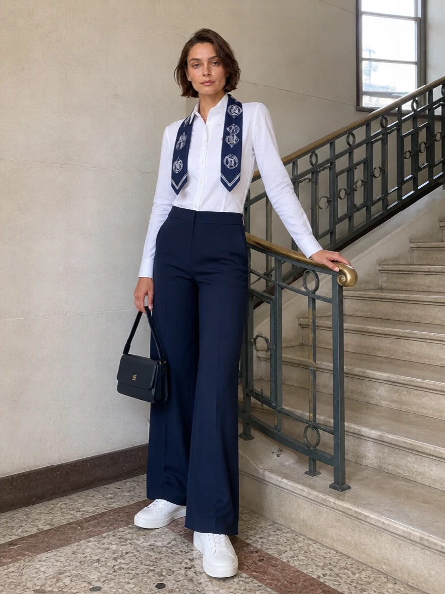 Tommy hilfiger white shirt navy wide leg trousers
